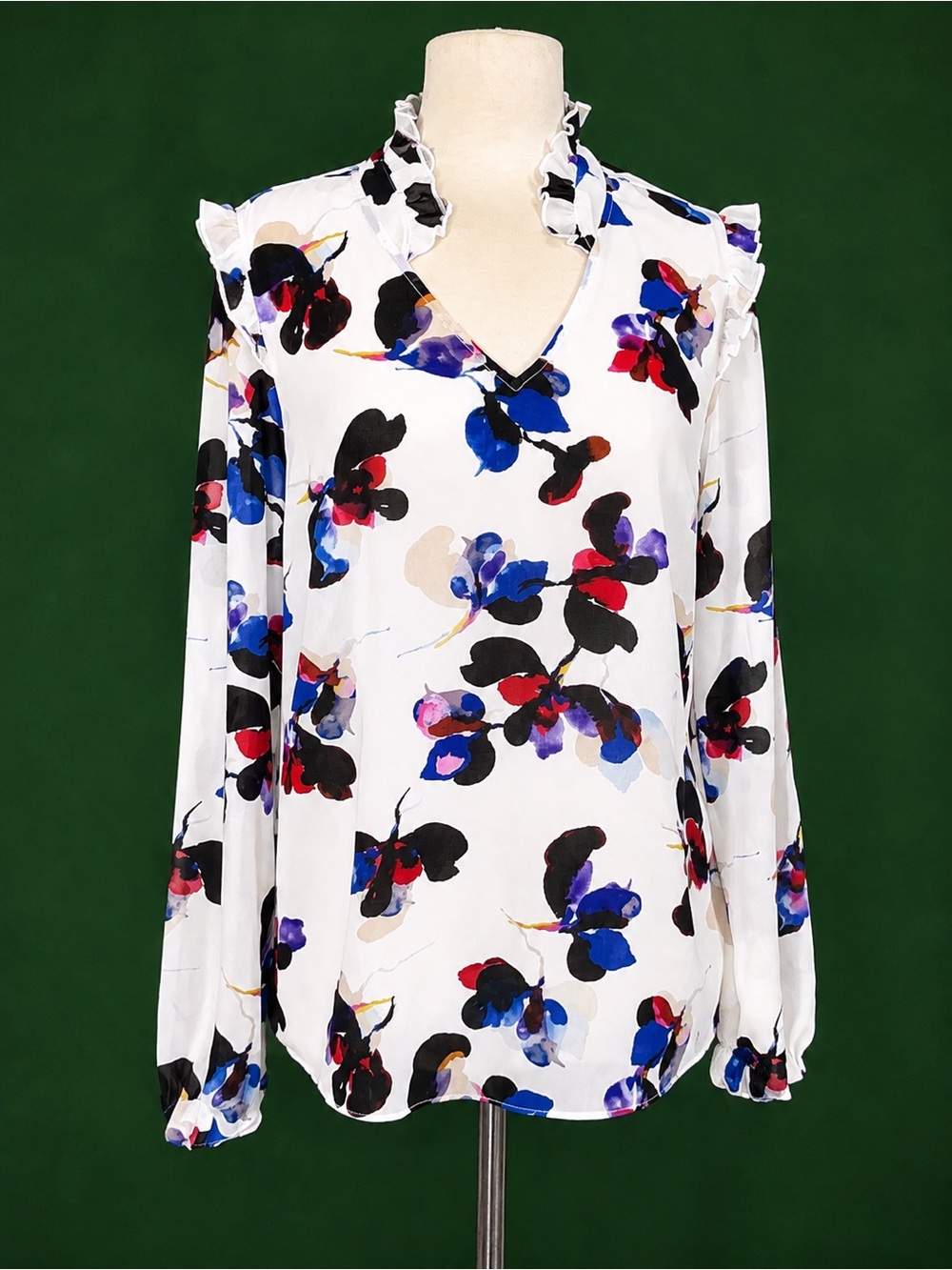 CAbi White Floral Ruffle V-Neck Blouse with Blue & Red Accents